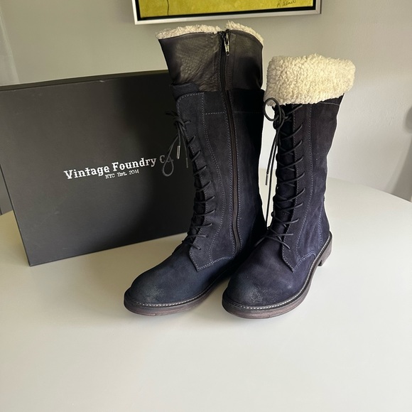 NIB VINTAGE FOUNDRY WOMEN'S KELLY MID-CALF BOOT BLUE SUEDE LACE UP SHERPA 8 - Picture 4 of 7